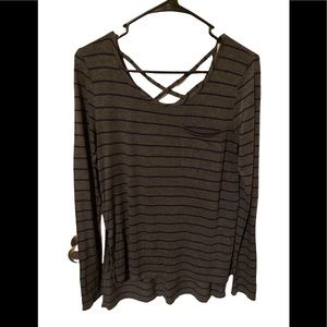 Size medium Junior top, gray with stripes, in good condition. Glitz brand.